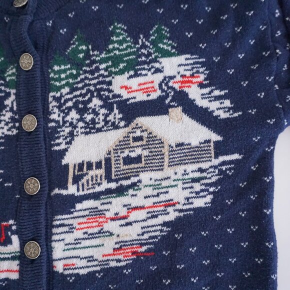 Vintage Northern Reflections Navy Cabin Winter Scene Knit Cardigan Sweater S - Picture 6 of 10